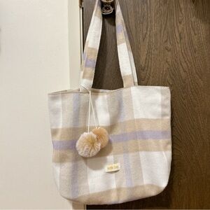 Cute Plaid Wool Tote Bag with Pom Poms
